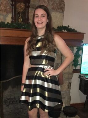 Daniel Cremieux Black, Gold & White Horizontal-Stripe Fit-and-Flare Dress